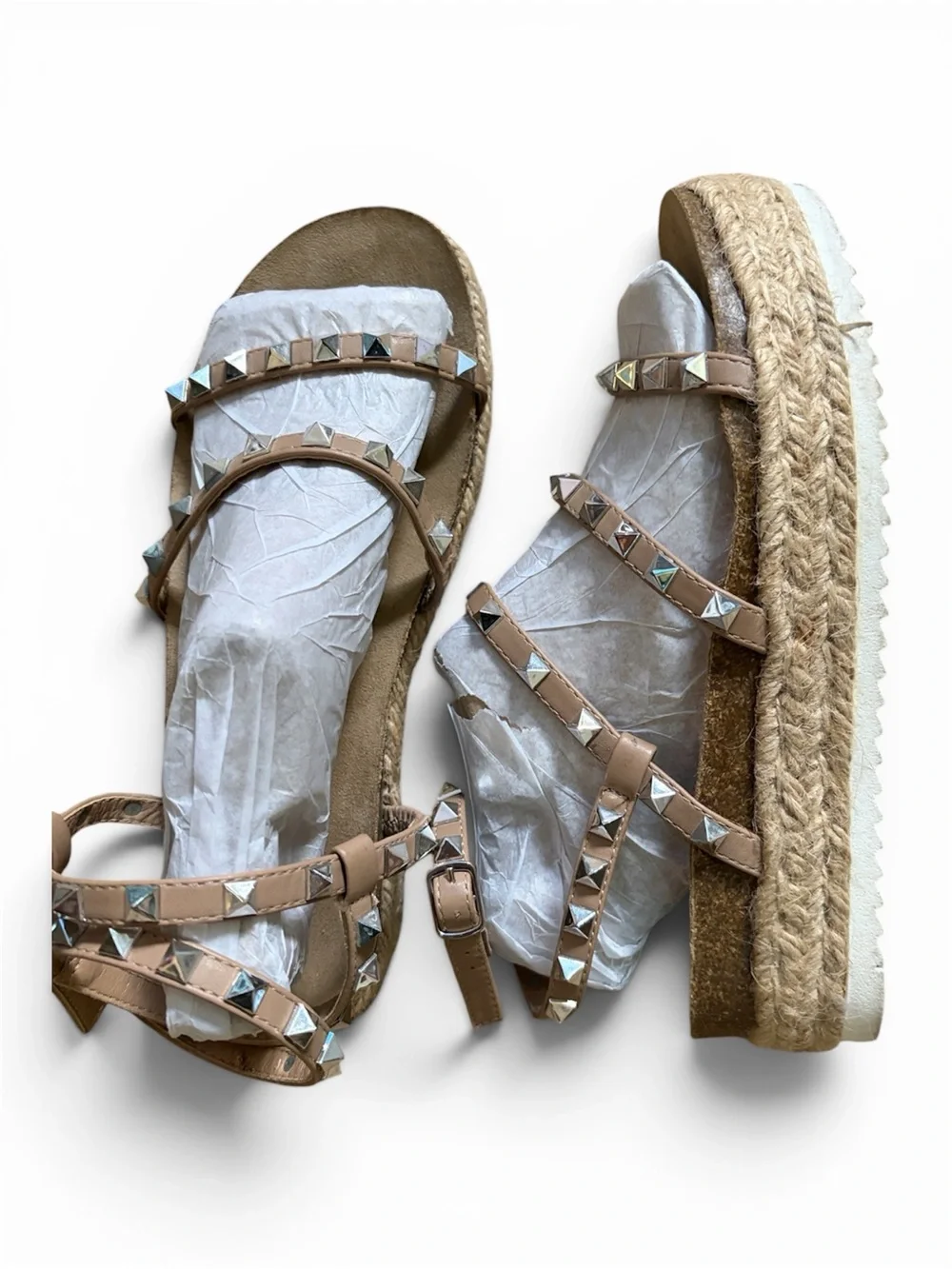 Studded Espadrille Platform Sandals in Beige